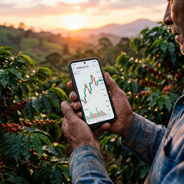 Vietnamese Coffee Farmer Monitoring Live Price Charts on Smartphone